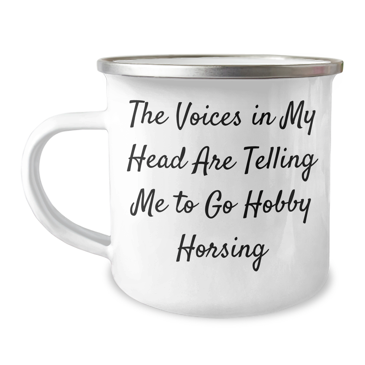 Funny Hobby Horsing Gifts for Men, 'The Voices In My Head Are Telling Me To Go Hobby Horsing' Quote, 12 oz Camping Mug, Father's Day Unique Gifts from Men to Family - Image 1