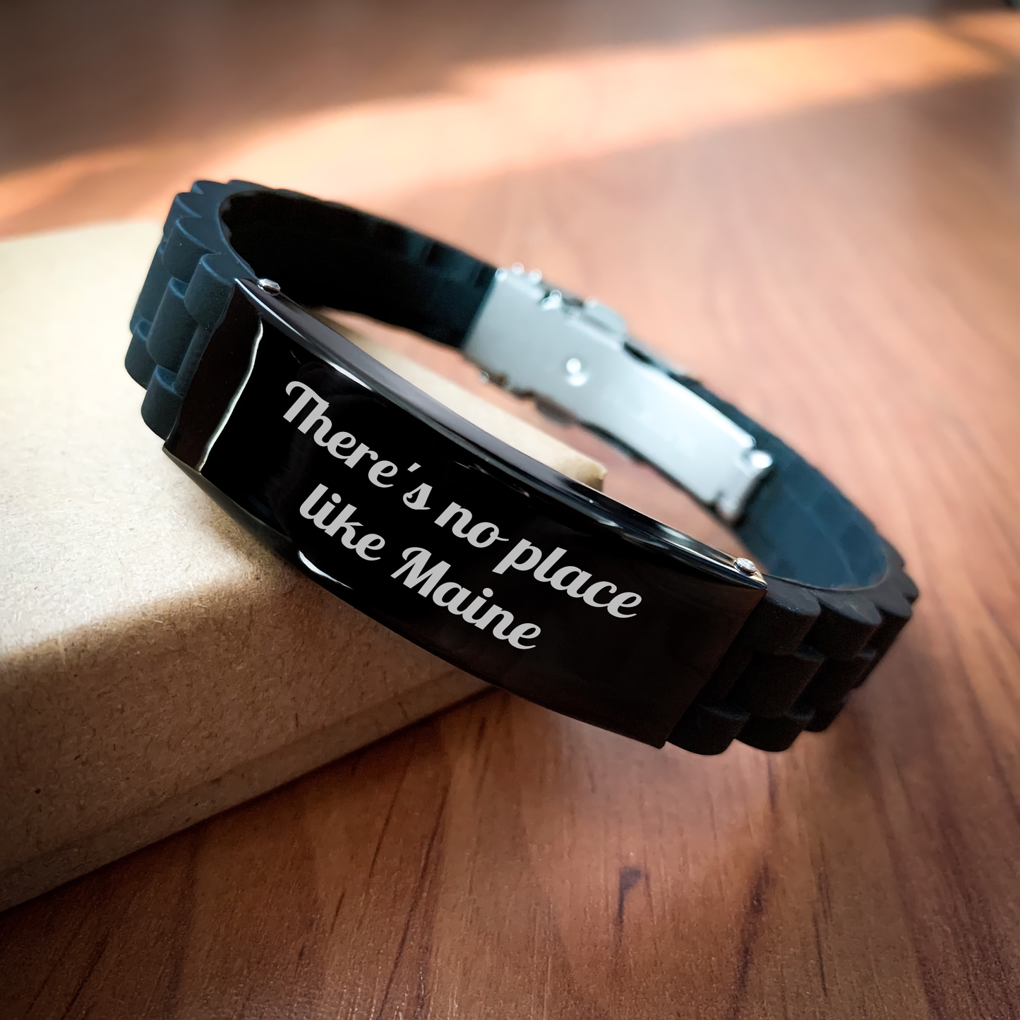 Maine Love Gift for Him, Funny Quote Glide lock Clasp Bracelet, Adjustable Black Stainless Steel and Silicone, Gifts from Men to Maine Men on Father's Day - There's No Place Like Maine - Image 2