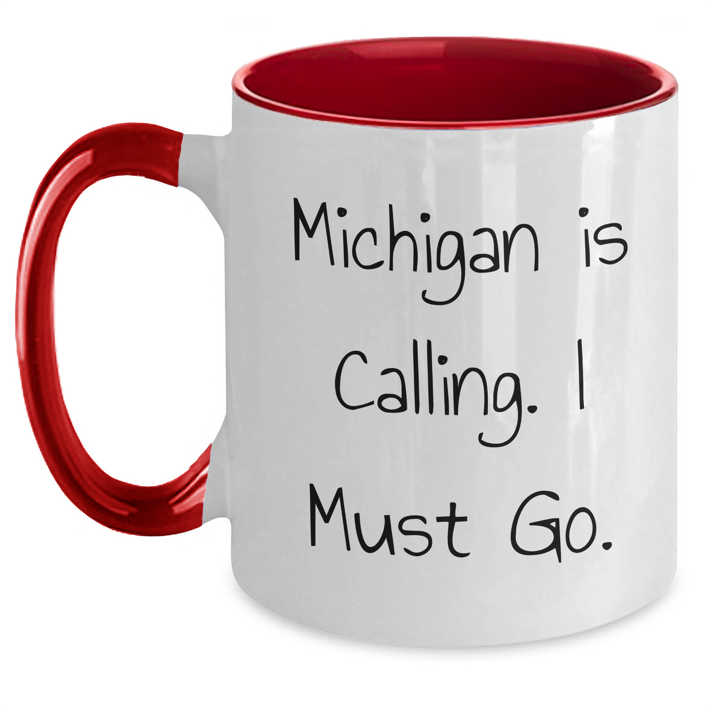 Funny Michigan Gifts for Men from Friends - Two Tone Coffee Mug, 'Michigan Is Calling. I Must Go.' Quote, Graduation Unique Gifts - Main