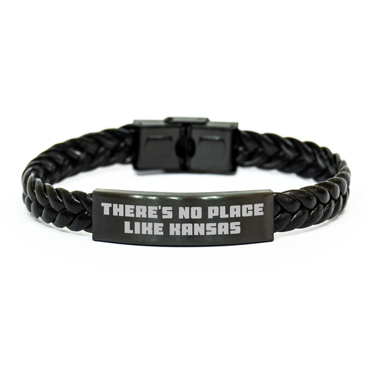 Kansas Proud Interlaced Leather Bracelet, Funny Quote, Gifts from Men to Friends in Kansas, 'There's No Place Like Kansas' Engraved, 7.87 inches Long, Father's Day Unique Gifts - Image 1