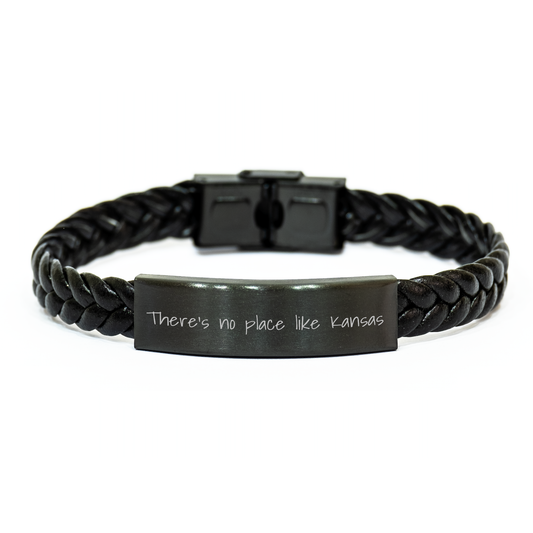 Unique Kansas Gifts, Interlaced Leather Braclet, Father's Day, 'There's No Place Like Kansas' Quote - Image 1
