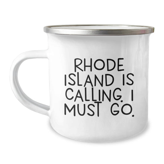 Rhode Island Camping Mug, Gifts from Friends to Rhode Island Graduates, 'Rhode Island Is Calling, I Must Go', 12 oz Stainless Steel with Enamel Finish - Image 1