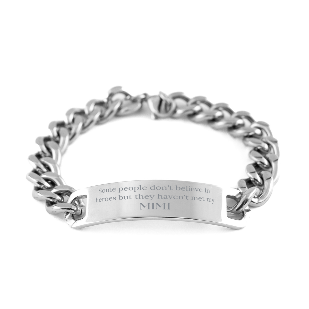 Stainless Steel Cuban Chain Bracelet Mimi Heroes Engraved Gift for Birthday Celebration and Holidays – front view