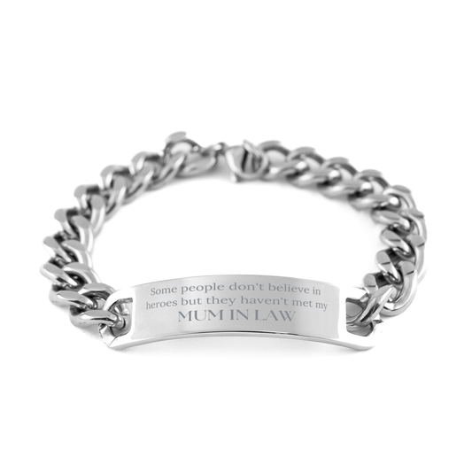 Unique Stainless Steel Cuban Chain Bracelet for Mum In Law - My Mum In Law, My Hero Inspirational Gift for Christmas, Birthday, Holidays, and More - Engraved Confidence and Love for Her from Daughter-in-law – front view