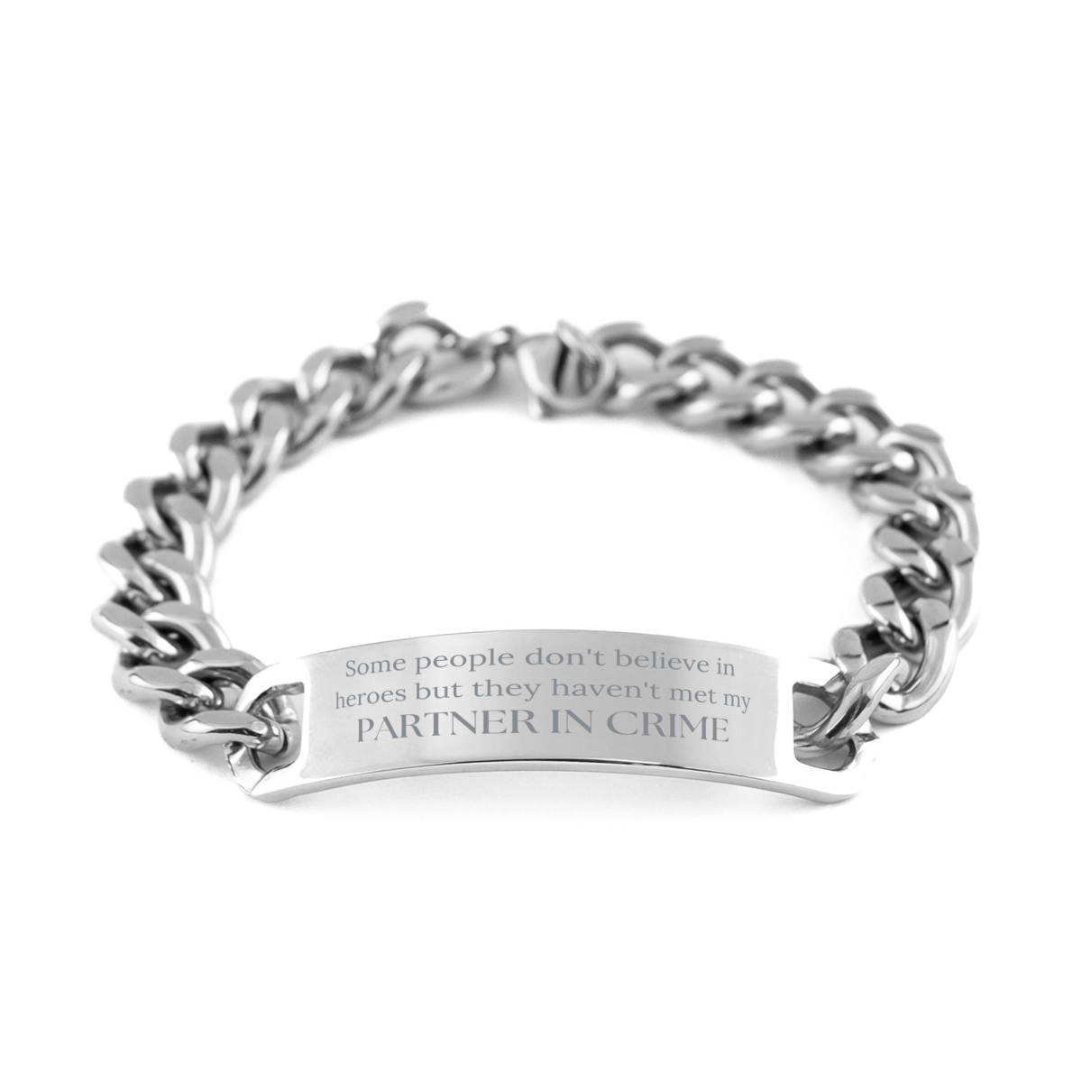 Stainless Steel Cuban Chain Bracelet Partner In Crime Heroes Engraved Christmas Gift Women Confidence Accessories Birthday Jewelry Hope Feminine Empowerment Fashion Unique Trendy Stylish Symbolic Statement Piece for Her – front view