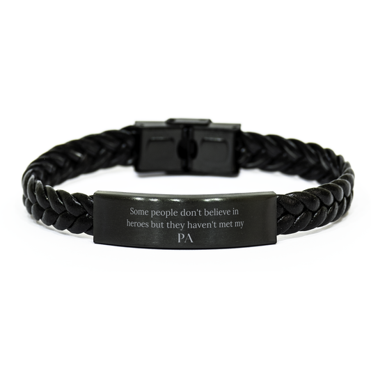 Patriotic Braided Leather Bracelet for Veterans Day, Christmas Gift for Him: Heroes like Pa Inspirational Engraved Jewelry to Show Appreciation – front view