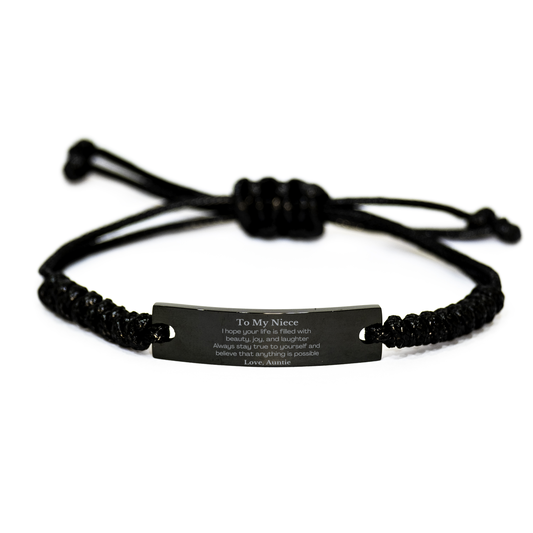"Black Rope Bracelet for Niece - Inspirational Engraved Gift for Birthday, Christmas, Graduation - Beauty, Joy, and Confidence from Auntie - Unique and Meaningful Present for Her" – front view